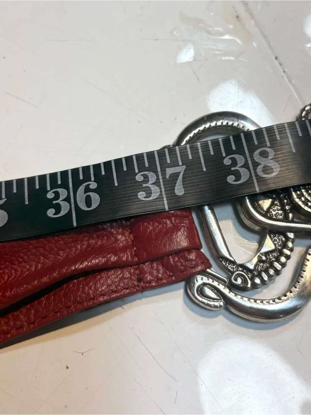 Chico's red leather stretch belt large, ornate silver statement buckle
